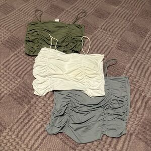 Ruched Camisole Tops in Green, White, and Gray